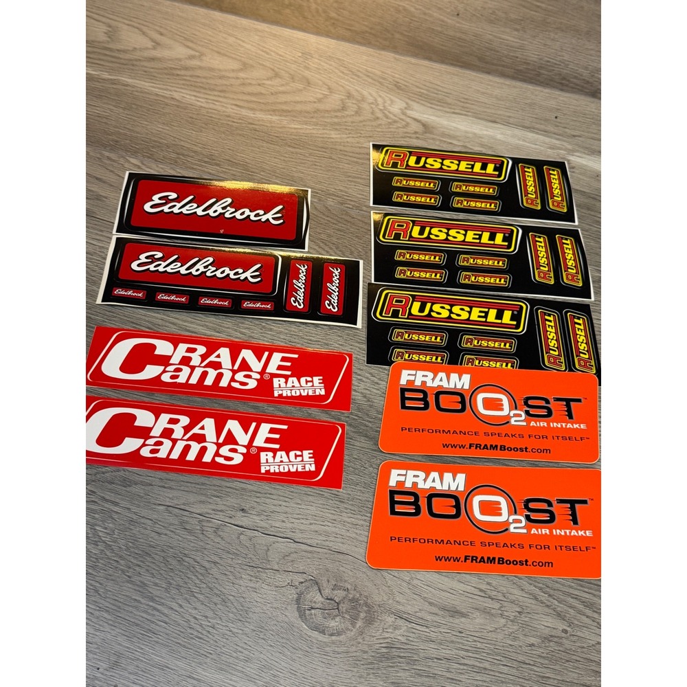 Edelbrock Crane Cams Russell Fram Decal Stickers Lot Drag Racing Vinyl Cars Race